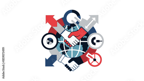 Flat design illustration of a handshake over a globe surrounded by geopolitical and security symbols in a colorful graphic.