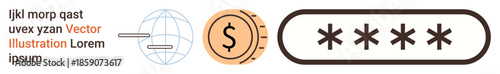 Data security, online payments, secure transactions, cybersecurity, financial safety, encryption. Globe, dollar coin password field. Data security and online payments visualization