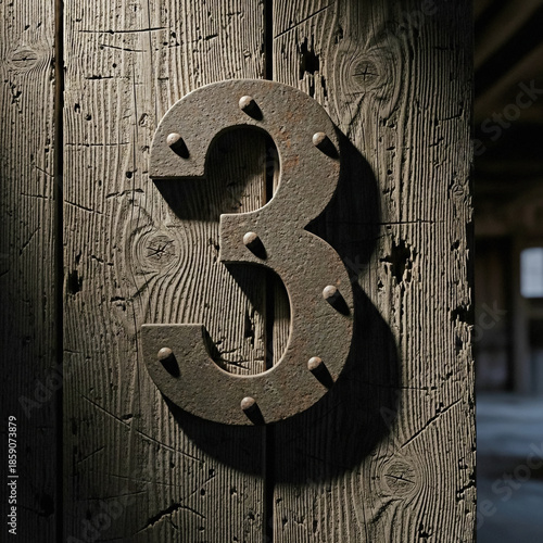 Metal number three on wooden door