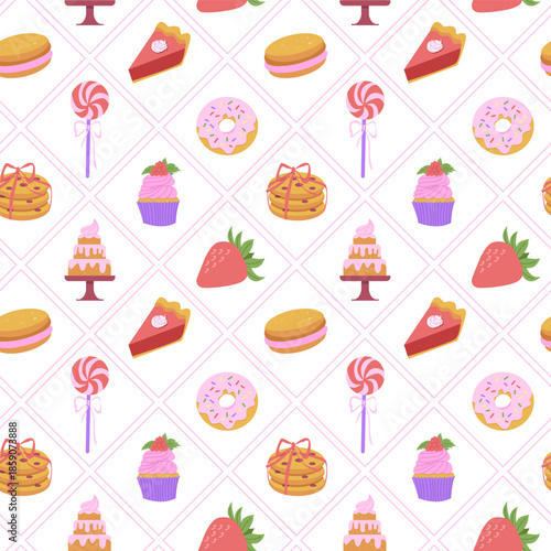 Sweet bakery seamless pattern with сookies, piece of pie, donut, candy, chocolate, cupcake, cake. Flat vector illustration.