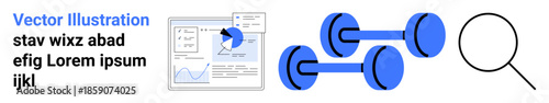 Data analysis, fitness, search, technology, productivity, research applications. Graph interface, magnifying glass and dumbbells displayed. Data analysis and fitness concepts visually