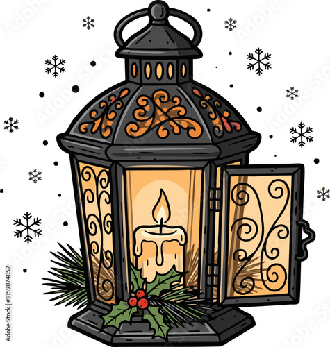 Vintage Christmas Lantern with Lit Candle and Holly.