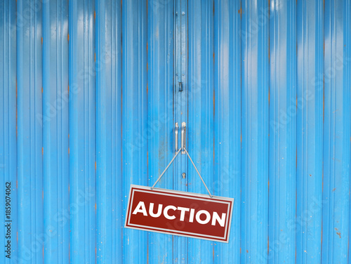 Red auction sign hanging on a blue industrial rolling shutter door. Concept of property foreclosure, business closing, or commercial real estate sale