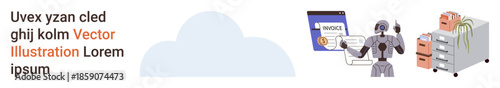 Automation, invoicing, cloud storage, data organization, technology management, workflow services. Robot handling invoices, cloud icon storage system. Automation and invoicing solutions concept