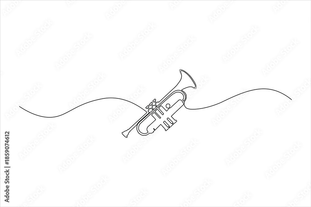 Obraz premium Minimalist continuous one-line drawing of a classic trumpet. Sleek vector art of a musical instrument for jazz and orchestra themes.
