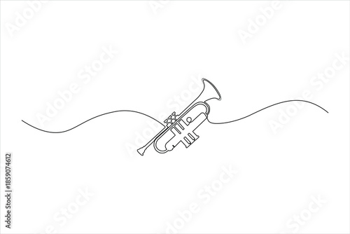 Minimalist continuous one-line drawing of a classic trumpet. Sleek vector art of a musical instrument for jazz and orchestra themes.