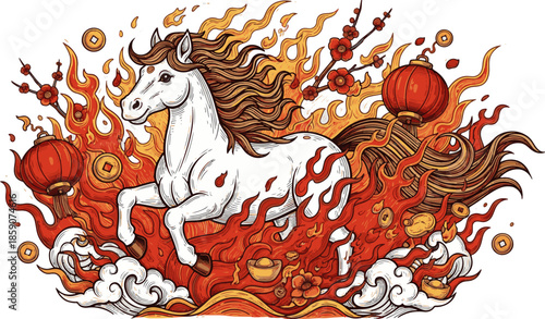 Happy Chinese new year golden red relief horse traditional lantern spiral cloud and folding fan. Chinese translation : New year of horse