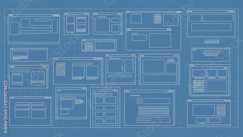 Blueprint style website wireframe layout on blue background