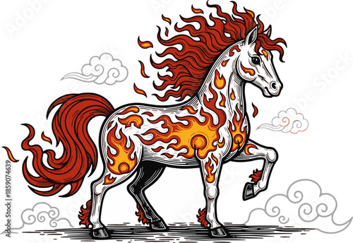 Happy Chinese new year golden red relief horse traditional lantern spiral cloud and folding fan. Chinese translation : New year of horse
