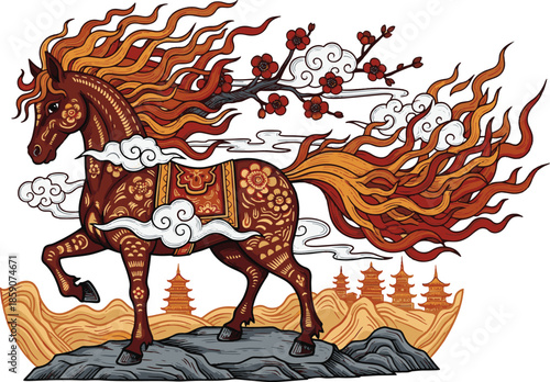 Happy Chinese new year golden red relief horse traditional lantern spiral cloud and folding fan. Chinese translation : New year of horse
