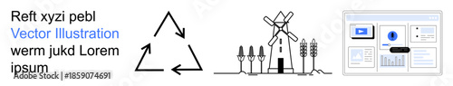 Sustainability, recycling, clean energy, environmental awareness, renewable resources, green initiatives. Recycling triangle, wind turbine with crops digital interface. Recycling and clean energy