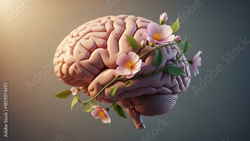 Human brain wrapped in delicate pink flowers on gradient background