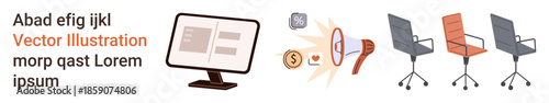 Digital marketing, office design, teamwork, communication, e-commerce, business planning. Computer monitor, business icons megaphone office chairs. Digital marketing office design concept