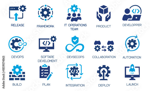 DevOps icon collection, containing software development, deployment, operate, monitor, testing, collaboration and more. Solid vector icons set.