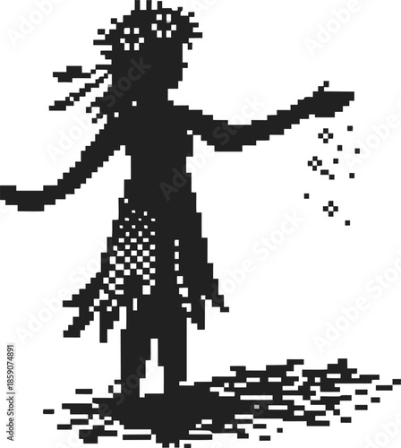 Pixel art silhouette of a girl scattering seeds, abstract digital agriculture concept illustration