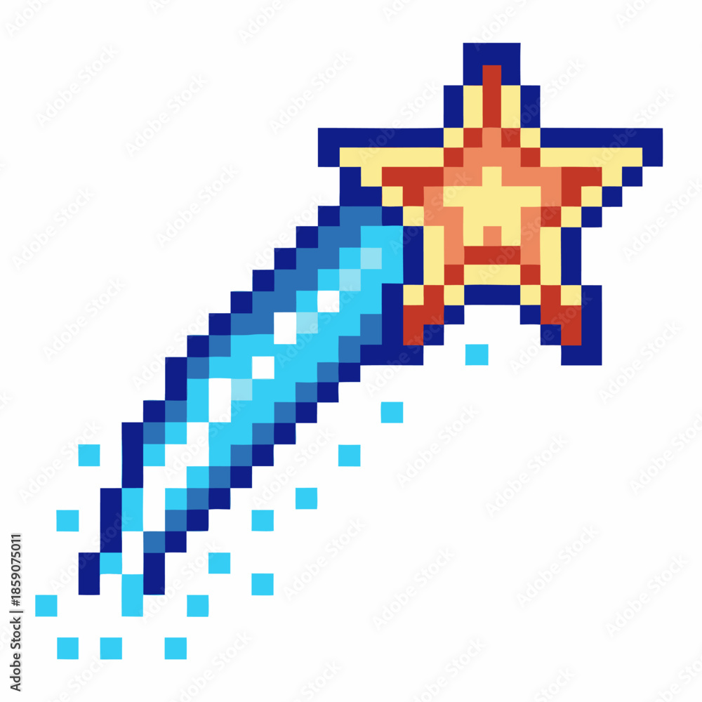 Obraz premium Pixelated shooting star with glowing trail design, retro gaming cosmic element illustration