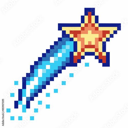 Pixelated shooting star with glowing trail design, retro gaming cosmic element illustration