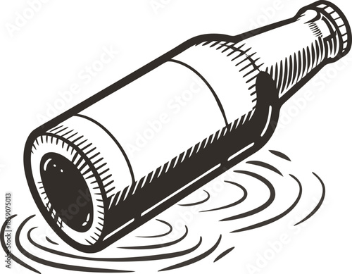 Bottle floating in water hand drawn illustration of a glass bottle gently drifting on the water surface with ripples around it