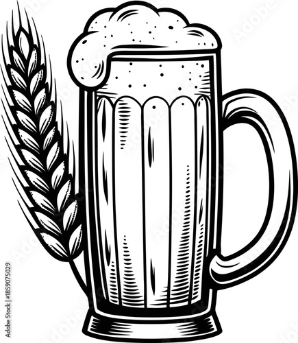 Foamy beer mug with barley grain illustration refreshing cold beverage, drink, alcohol concept