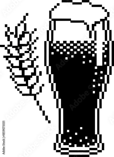 Pixel art black beer glass with foam and barley ear icon, retro 8 bit illustration