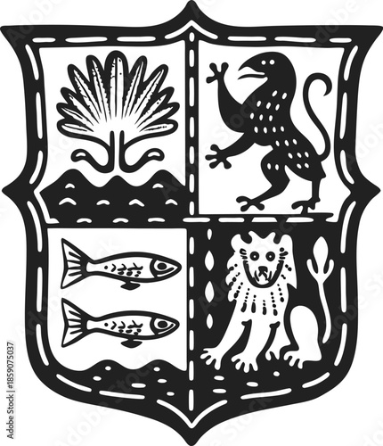 Black and white heraldic shield with floral, lion, fish, and griffin emblems design