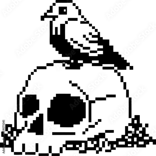 Pixel art black and white skull with bird perched, retro monochrome digital illustration of death and nature