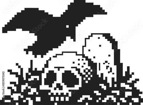Pixel art skull and crow on grave with tombstone and grass in monochrome design