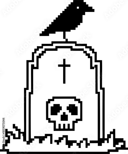 Pixel art tombstone with skull engraving and cross, crow perched on top, graveyard symbol for halloween or spooky theme