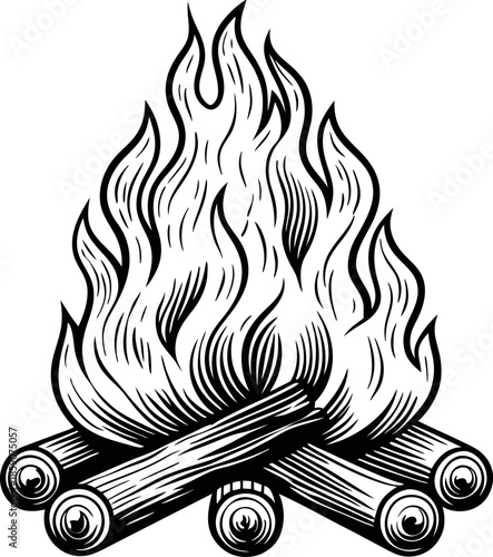 Black and white hand drawn campfire with burning logs and flickering flames illustration