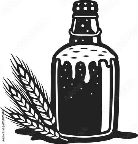 Bottle of beer with foam and barley stalks alcoholic beverage, brewery concept illustration
