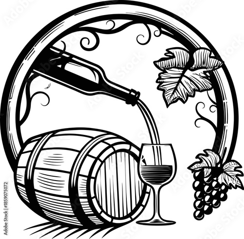 Vintage wine barrel with pouring bottle and glass surrounded by grapevine leaves and cluster illustration