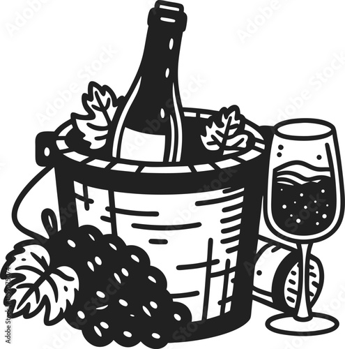 Bottle of wine chilling in bucket with grapes, wine glass, and cork beside it