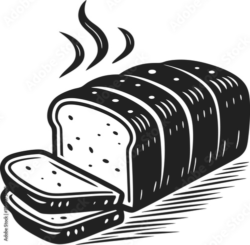 Freshly baked sliced bread loaf with steam rising, warm and soft texture, traditional bakery food concept