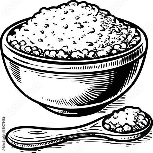 Bowl and spoon filled with coarse salt granules, seasoning and cooking ingredient sketch drawing