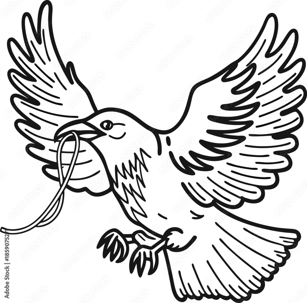Obraz premium dove flying with olive branch in beak, symbol of peace, purity, freedom and hope, outline drawing