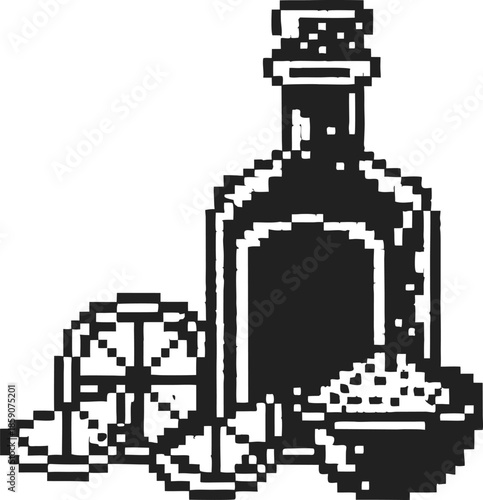 Old fashioned pixel art bottle with citrus and salt bowl, vintage cooking ingredients illustration