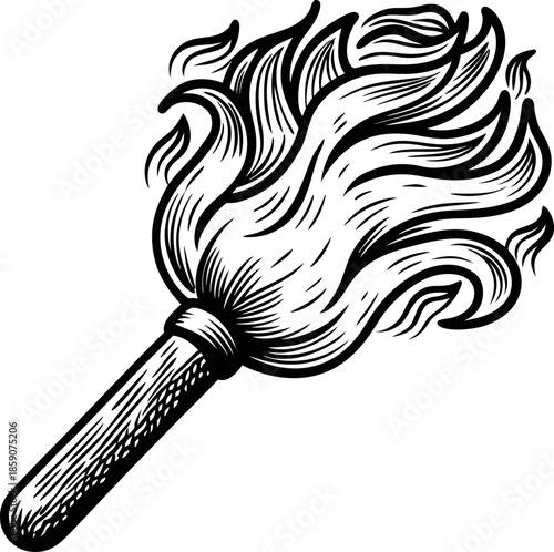 retro hand drawn torch with bright flame, wooden handle, vintage fire symbol, tribal and adventure concept