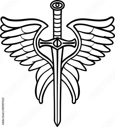 Winged sword emblem with eye symbol on handle fantasy design of a vertical sword crossing detailed angel wings