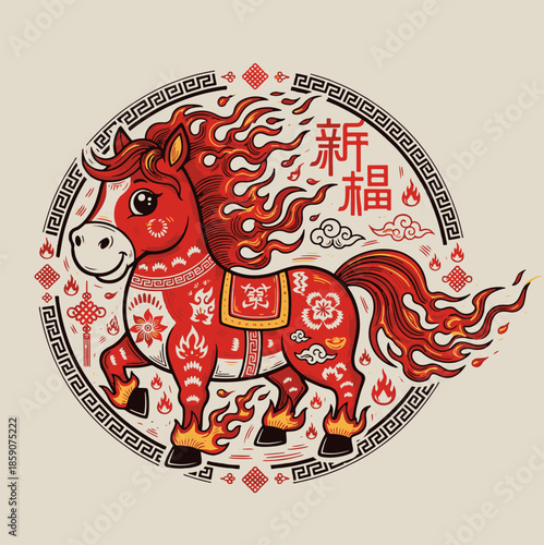 Happy Chinese new year golden red relief horse traditional lantern spiral cloud and folding fan. Chinese translation : New year of horse
