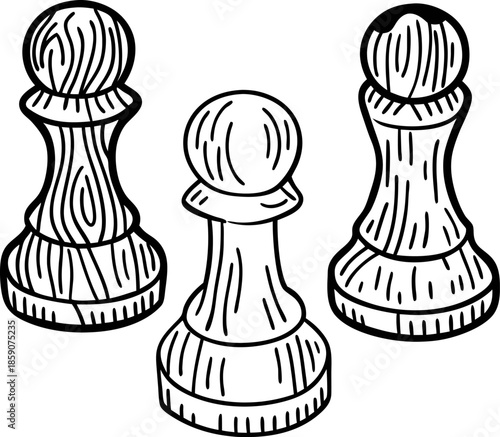 Wooden chess pawns hand drawn illustration, classic game pieces for strategy and competition