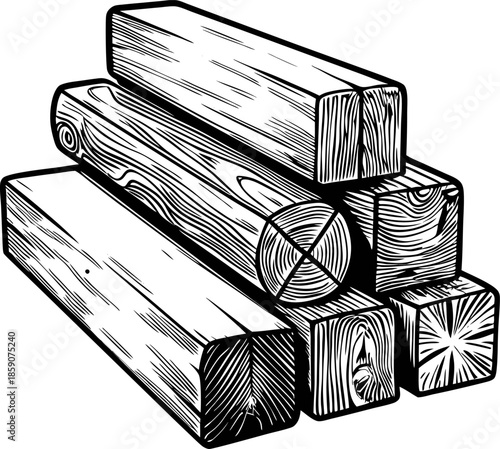 Stack of wooden beams and logs with natural grain texture, construction lumber and timber materials