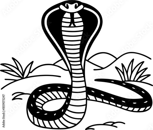 Black and white illustration of a cobra snake with raised hood in desert landscape with shrubs and hills