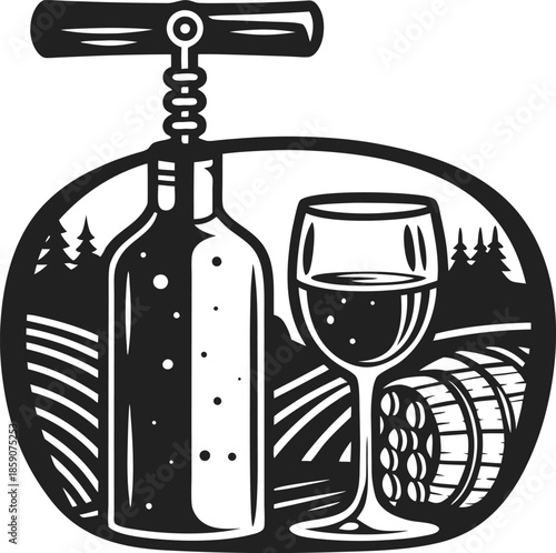 Wine bottle with corkscrew, filled glass, and barrel in vineyard landscape illustration