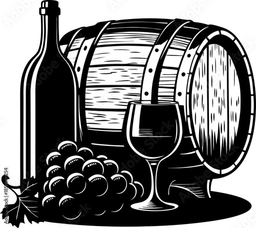 Vintage wine barrel with bottle, glass of wine, and cluster of grapes illustration