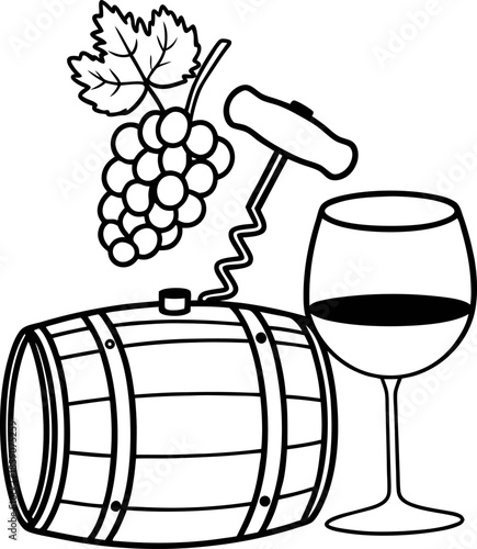 Wine barrel with corkscrew, glass of red wine, and grape bunch illustration for vineyard and winemaking