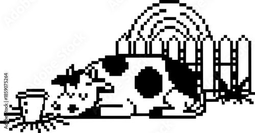 Pixel art of a resting spotted cow lying by a wooden fence and a bucket in a rural farm setting