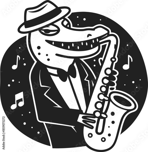 Alligator playing saxophone wearing hat and tuxedo with musical notes in black and white illustration