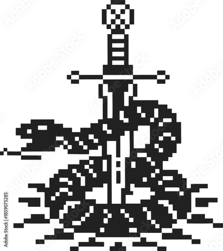 Pixel art dagger piercing through a coiled snake with tongue flicking out