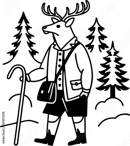 Deer headed man dressed in traditional clothing holding a walking cane among pine trees in forest wilderness