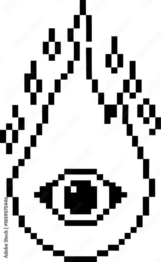 Fototapeta premium Pixel art flame with a central eye and small flames rising, monochrome digital illustration design